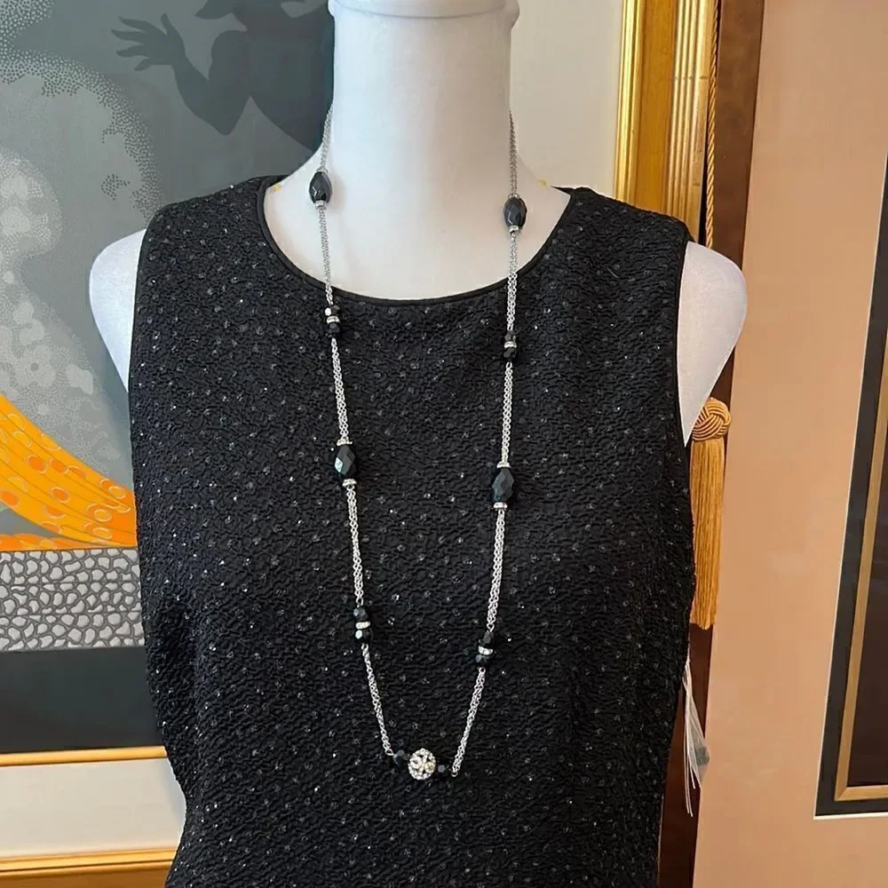 Chaps Double chain silver & black beaded necklace EUC